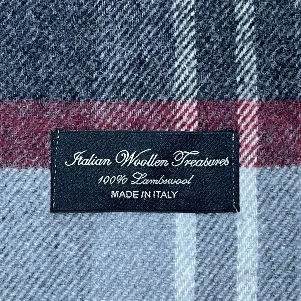 Italian Woolen Treasures 100% Lambswool Rectangular Scarf Grey Burgundy Fringe